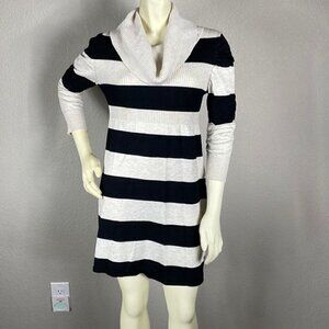 Pink Rose Striped Sweater Dress Black and Gray Ribbed Bodice Cowl Neck Sz S